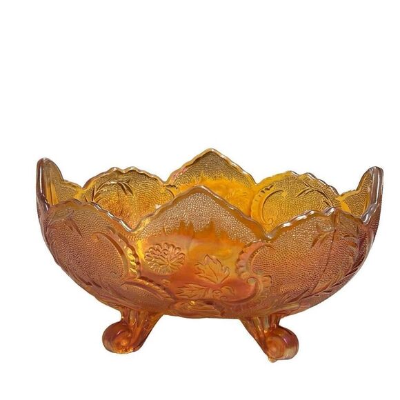 Marigold Carnival Glass Scalloped Edge Compote Bowl Size 10” x 5” - Picture 1 of 15